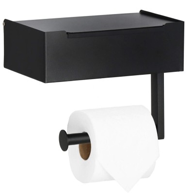 Suport hartie igienica din otel cu sertar depozitare, sistem montare inclus, 22cm, negru bej Household NewTrend foto
