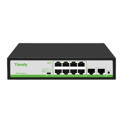 Switch 10 porturi Tiandy, 8 porturi PoE, 2x RJ45, putere PoE 90W, 2Gbps, protectie supratensiune SafetyGuard Surveillance foto