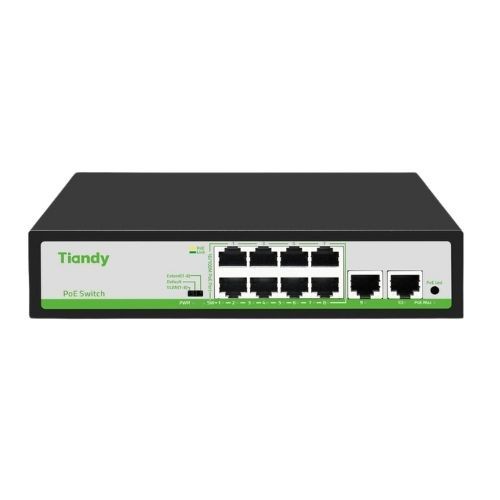 Switch 10 porturi Tiandy, 8 porturi PoE, 2x RJ45, putere PoE 90W, 2Gbps, protectie supratensiune SafetyGuard Surveillance