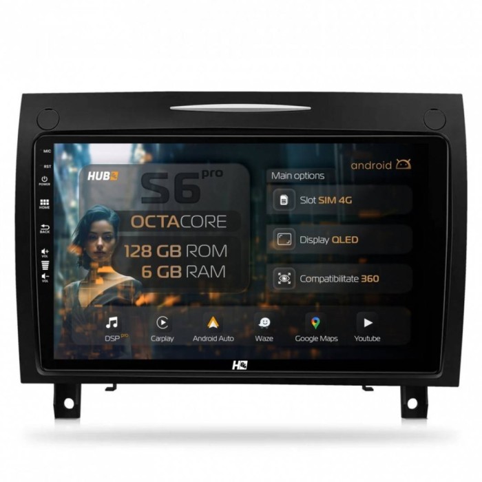 Navigatie Mercedes Benz SLK (2006-2010) 6GB RAM Android 13 Octacore Slot Sim 4G DSP GPS Wi-FI Carplay Android Auto USB Bluetooth Waze Touchscreen 9 In