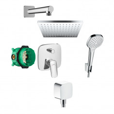 Set de duș, Hansgrohe, cu baterie Logis, pălărie și pară de duș, cot racord și furtun