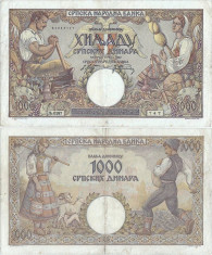 1942 (1 V), 1.000 dinara (P-32a) - Serbia - stare XF! foto