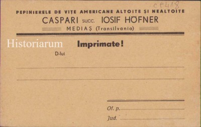 HST CP314 Carte poștală tipizat Pepiniera Caspari Mediaș foto