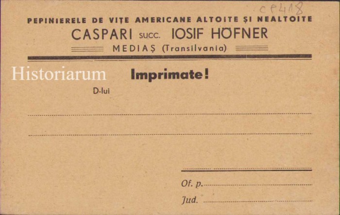 HST CP314 Carte poștală tipizat Pepiniera Caspari Mediaș