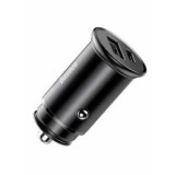 Incarcator auto Baseus Circular metal, 1 x USB Output 5V/3.1A si 1 x USB Type-C, 30W total ambele porturi, pt. bricheta auto, negru