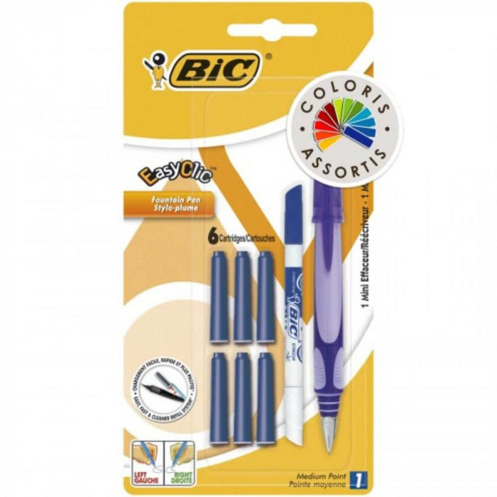 Stilou Bic Easy Clic Standard, 6 Rezerve Si Mini Pic, Stilou Cu 6 Rezerve, Stilouri Bic Cu Cerneala Albastra, Stilouri Scoala Cu Rezerva, Mini Pic, Se