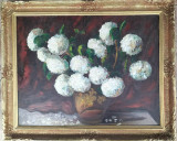 Hortensii - pictură veche &icirc;n ulei pe carton, Flori, Realism
