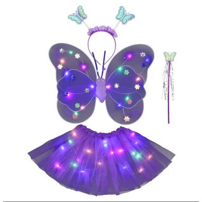 Costum fluturas fairy dress cu aripi modelabile luminoase pentru copii, fusta din tul cu lumini, 4 piese, bumbac/poliester, mov foto