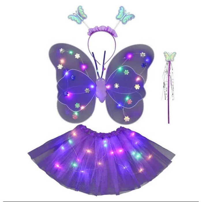 Costum fluturas fairy dress cu aripi modelabile luminoase pentru copii, fusta din tul cu lumini, 4 piese, bumbac/poliester, mov