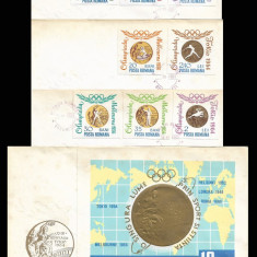 1964 Romania, 2 FDC Medalii olimpice (serie nedantelata + colita) LP 596 a & 597