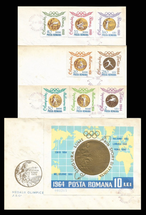 1964 Romania, 2 FDC Medalii olimpice (serie nedantelata + colita) LP 596 a &amp; 597