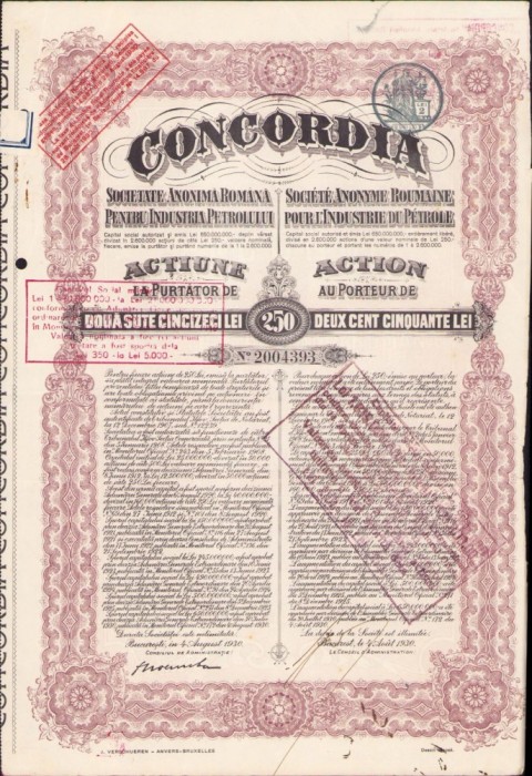 A574 Acțiune la purtător de 250 lei Concordia, interbelică