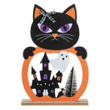 Decoratiune de Masa Halloween, Model Pisica, Lemn, Multicolor, 20x4.5x30cm, Oem