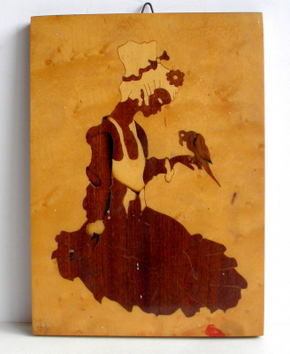 Tablou din lemn lacuit cu intarsii, artizanat Epoca de Aur, 24 x 17 cm foto