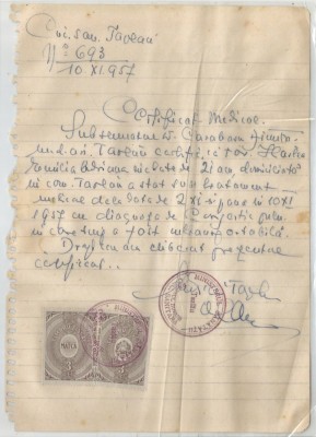 Romania, Circumscriptia Sanitara, Certificat, Tazlau, 1957 foto