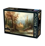 Puzzle adulti D-Toys Albert Bredow - Romantic Winter Landscape with Ice Skaters by a Castle, 1000 piese