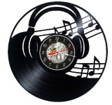 Ceas de perete decorativ realizat din disc de vinil, Model Casti Audio, DJ, Portativ cu Note Muzicale, Cadran Skeleton, Negru, 30 cm
