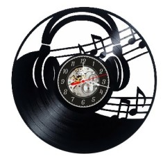 Ceas de perete decorativ realizat din disc de vinil, Model Casti Audio, DJ, Portativ cu Note Muzicale, Cadran Skeleton, Negru, 30 cm