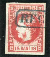 1868 , Lp 24 , Carol I 18 Bani rosu - stampila RECOMANDAT , varietate ! foto