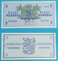 Finlanda 5 Markkaa 1963 &amp;#039;Brad&amp;#039; aUNC serie: O4175400 p#106A foto