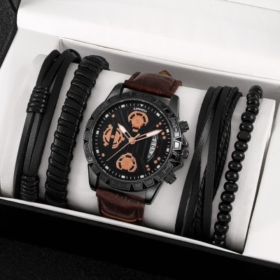 Set cadou cu ceas barbatesc Shaarms maro si patru bratari elegante foto