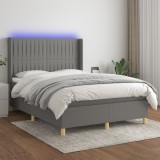 vidaXL Pat cu arcuri, saltea și LED, gri &icirc;nchis, 140x200 cm, textil