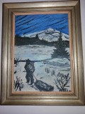 Tablou pictura ulei semnat peisaj de iarna scandinavia nordica Laponia, Natura, Realism