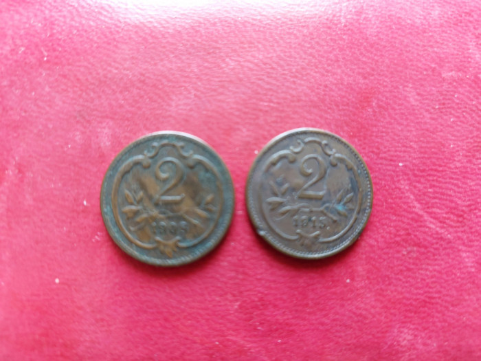 Moneda 2 heller 1908,2 heller 1915 Austria.