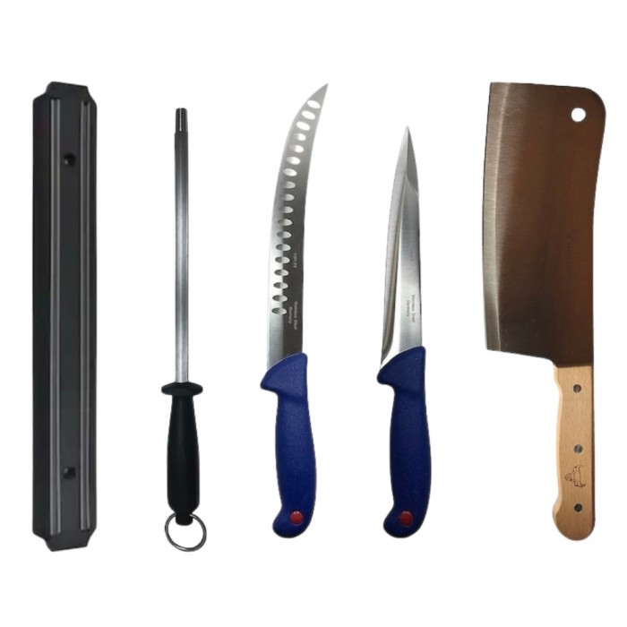 Set profesional de macelarie, 2 cutite otel carbon, injunghiat, transat, degresat, suport magnetic, masat pentru ascutit, satar