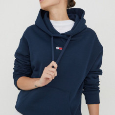 Tommy Jeans hanorac de bumbac femei, culoarea bleumarin, cu glugă, imprimeu DW0DW17326