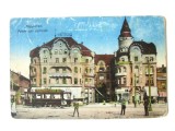 Rară! Oradea:Palatul Vulturul Negru,magazine,tramvai de epoca cu reclame,carte poștală circulata 1917
