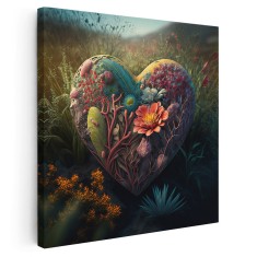 Tablou inima din flori variate, plante, iarba, in natura, verde 1635 Tablou canvas pe panza CU RAMA 30x30 cm