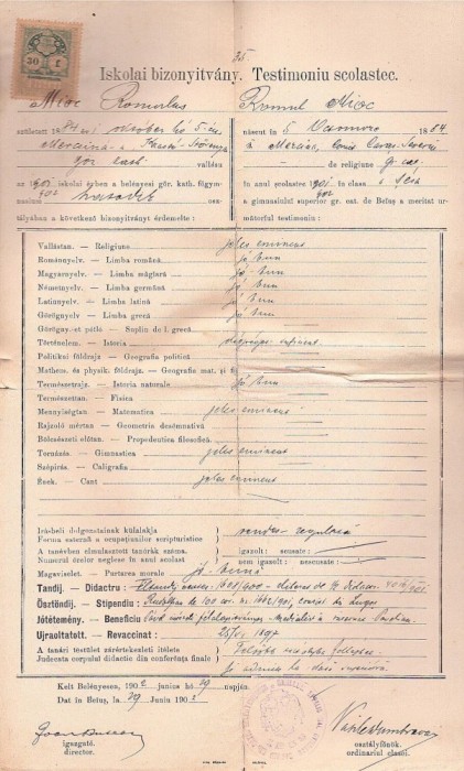 A3353N Testimoniu scolastic Romulus Mioc (viitor primar Petroșani, prefect al județului Hunedoara), 1902, Gimnaziul rom&acirc;n greco-catolic din Beiuș