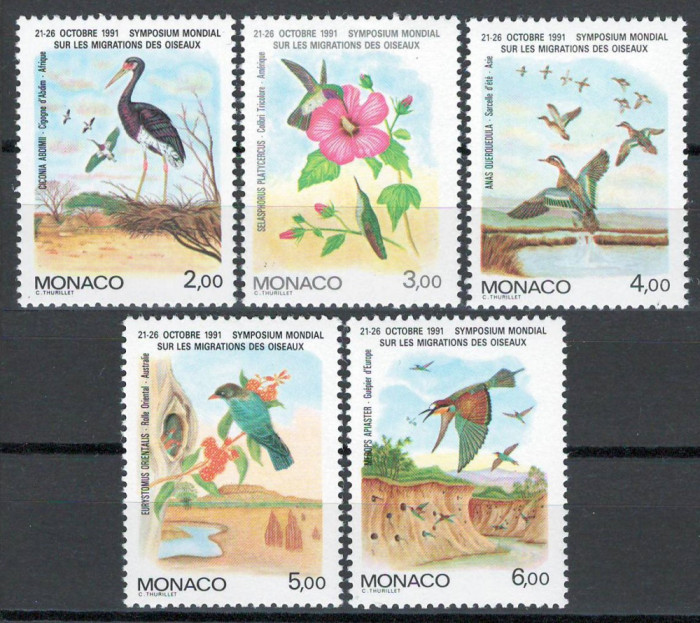 Monaco 1991 Mi 1995/99 MNH - Simpozion Int privind migrația păsărilor, Monaco