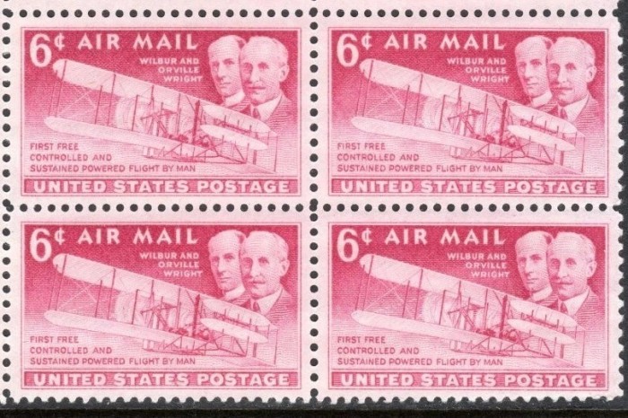 SUA 1949 - Aviație, Frații Wright, avioane, bloc de 4 neuzat