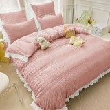Cumpara ieftin Lenjerie pat dublu creponata cu banda alba,bumbac finet,6 piese,roz-A875, Jojo Home