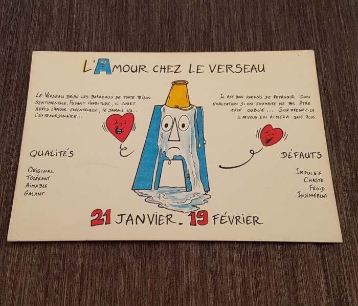 Carte Poștală Vintage &ndash; &bdquo;L&#039;Amour Chez Le Verseau&quot;, Zodia Vărsătorului, Ilustrație Denis Tr&eacute;mault, Editura Dellard