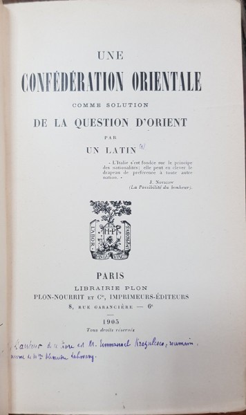UNE CONFEDERATION ORIENTALE - PARIS 1905