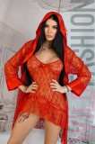 Set Lenjerie Sexy 3 Piese Dantela Florala Semitransparenta Rosu Desu Halat Chilot Tanga M