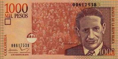 COLUMBIA █ bancnota █ 1000 Pesos █ 2016 █ P-456 █ UNC █ necirculata foto