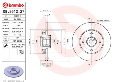 BREMBO 08.9512.27 PRIME LINE - With Bearing Kit Disc frana foto