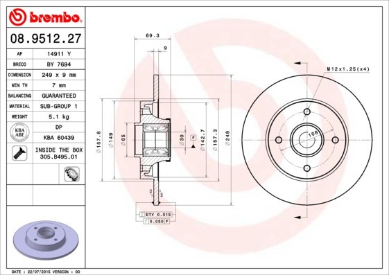 BREMBO 08.9512.27 PRIME LINE - With Bearing Kit Disc frana