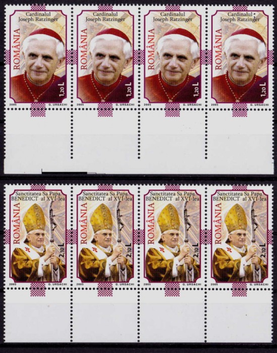 ✅RO 2005 ,LP 1690 ,&quot; Nou pontificat - Benedict al XVI-lea &quot; , straif x 4 , MNH