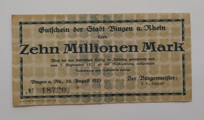 Germania - 10 Millionen Mark 1923 - Binegn a. Rein - Inflatie foto