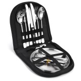 Set tacamuri si farfurii pentru picnic, 20 piese, otel inoxidabil, husa neagra, usor de curatat, piesele fiind lavabile si durabile, Oem