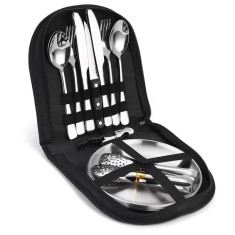 Set tacamuri si farfurii pentru picnic, 20 piese, otel inoxidabil, husa neagra, usor de curatat, piesele fiind lavabile si durabile