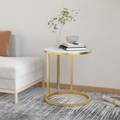 vidaXL Masă laterală,45 cm, marmură auriu și alb, sticlă securizată 331664 foto