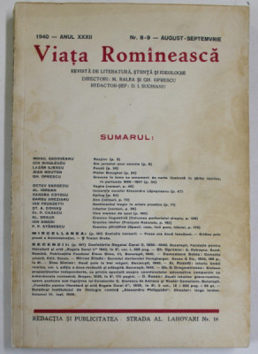 VIATA ROMANEASCA , REVISTA DE LITERATURA , STIINTA SI IDEOLOGIE , ANUL XXXII , NR.8-9 , AUGUST - SEPTEMBRIE , 1940 foto