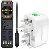 Set Invertor de Tensiune Auto si Adaptor Universal Priza, Linomag&reg;, Dc/Ac 12v/220v, Adaptor priza EU/UK/SUA/JP/CH/AUS/TH, Alb/Negru