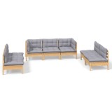 Set mobilier gradina cu perne gri, 7 piese, lemn masiv de pin